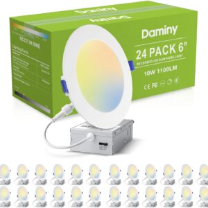 DAMINY 24 Pack 6 Inch LED Recessed Lighting with Junction Box,5CCT,Ultra-Thin Recessed Light,10W 1100LM, Dimmable Canless Wafer Ceiling Light, High Brightness