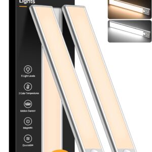 Gritin 10.2inch Under Cabinet Lighting Rechargeable 2 Pack- 3 Color Temps&5 Level Brightness, Super Bright, 4 Modes, Motion Sensor, Long Lasting - Easy Installation Magnetic Under Closet Lights